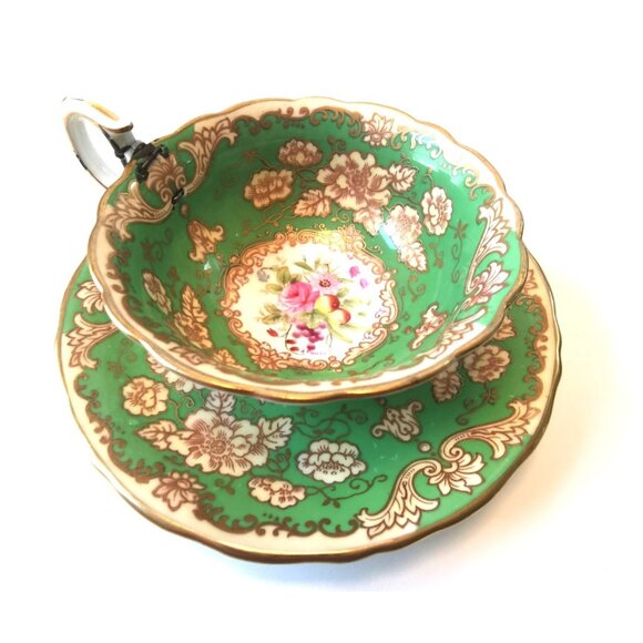 Vintage Wedgwood Tea Cup & Saucer Green Floral Gold Trim Repaired Handle Rare - Picture 6 of 10